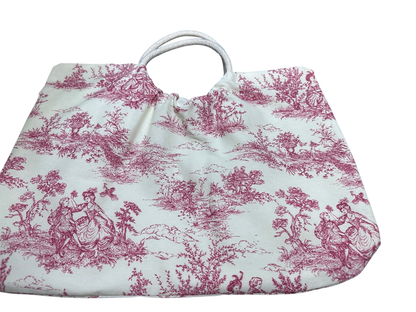 Front view of the Parisian Muse hobo bag, featuring a detailed red Toile de Jouy pattern on premium white cotton canvas. The image highlights the bag's wide, slouchy silhouette and its unique white braided rope handles, hand-finished by The SilkyWay Uk
