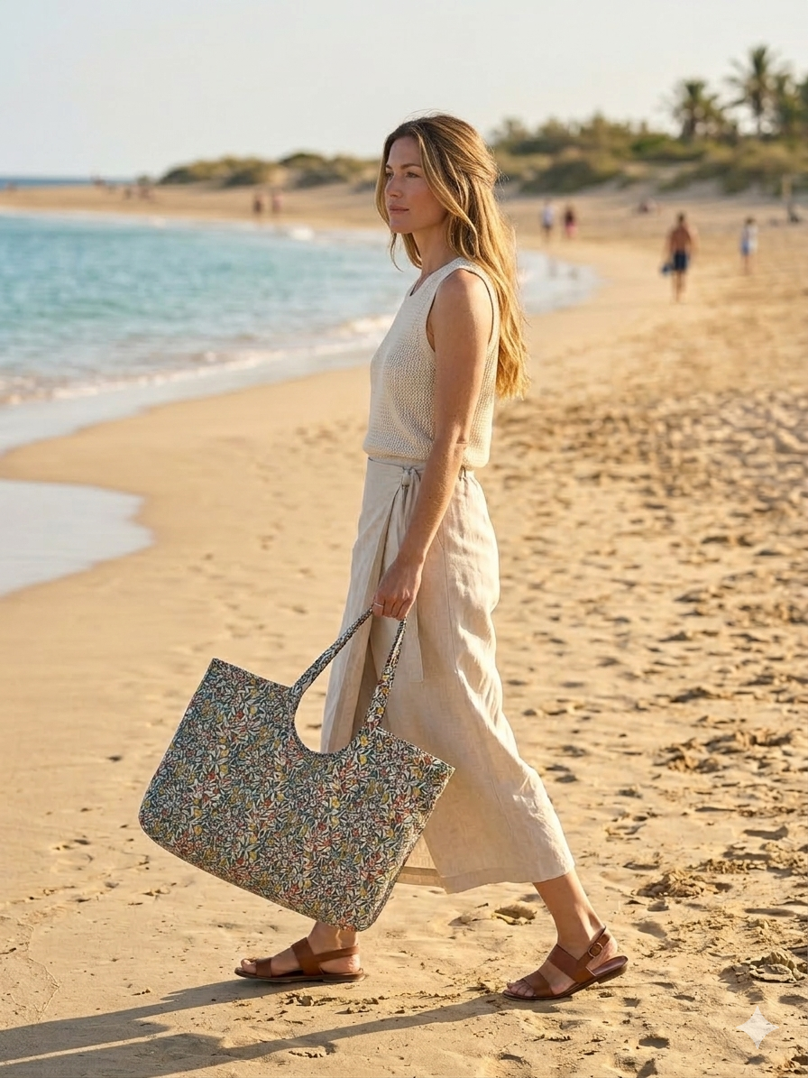 Woman walking on a sunny beach carrying a large handmade botanical floral print tote bag, styled with a cream linen midi skirt and knit top, showcasing the bag as a stylish summer beach bag