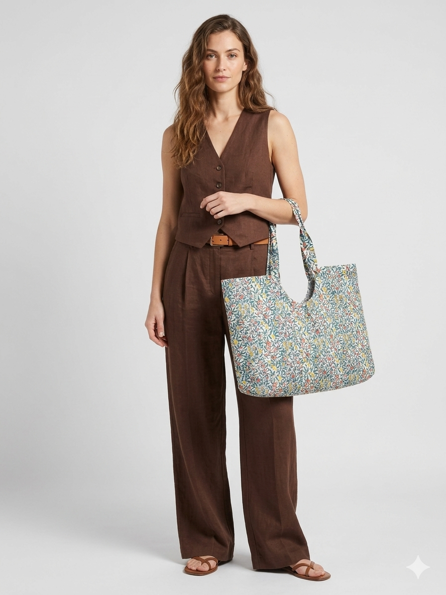 Woman wearing brown linen wide-leg trousers and vest carrying a large handmade botanical floral print cotton tote bag over her shoulder against a clean studio background, showing bag size and everyday styling