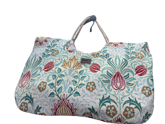 Handmade large botanical tapestry tote bag with natural jute rope handles, featuring crimson tulips and teal floral pattern, handmade in the UK