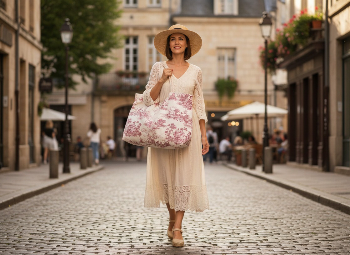A woman walking down a European cobblestone street wearing a wide-brimmed straw hat and lace dress, carrying the "Parisian Muse" oversized red Toile de Jouy hobo bag. The lifestyle shot showcases the bag’s large capacity and its perfect fit for a romantic, vintage-inspired aesthetic