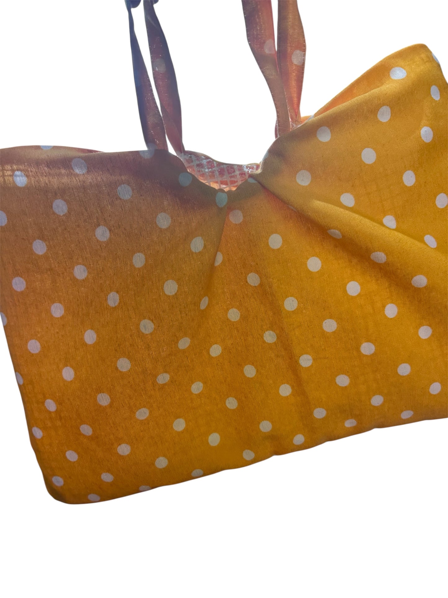 Close-up of the Honeycomb yellow and white polka dot hobo bag, showing the premium fabric texture and wide shoulder strap construction. The image highlights the vibrant, high-contrast digital art pattern and the reinforced hand-stitched seams by The Silky Way Studio UK