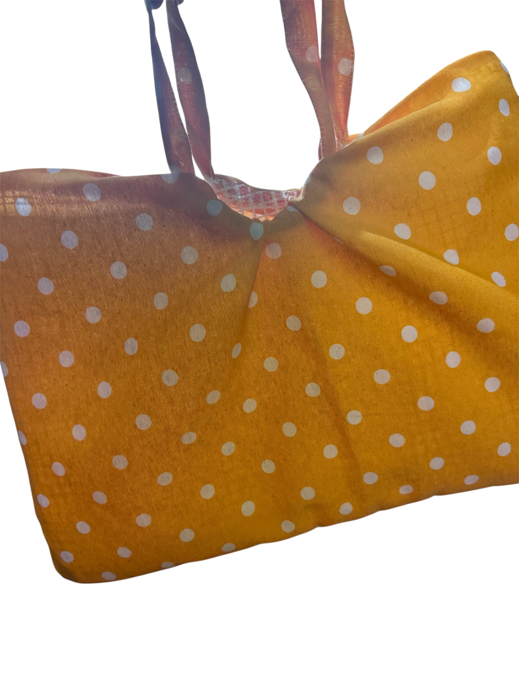 Close-up of the Honeycomb yellow and white polka dot hobo bag, showing the premium fabric texture and wide shoulder strap construction. The image highlights the vibrant, high-contrast digital art pattern and the reinforced hand-stitched seams by The Silky Way Studio UK